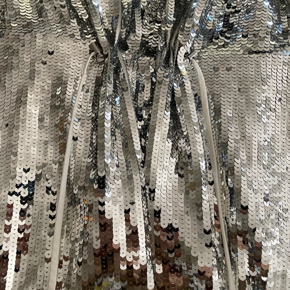 TIBI- Sliver Sequin Drawstring High Neck Contrasting Longsleeve Mini Dress - Picture 8 of 9